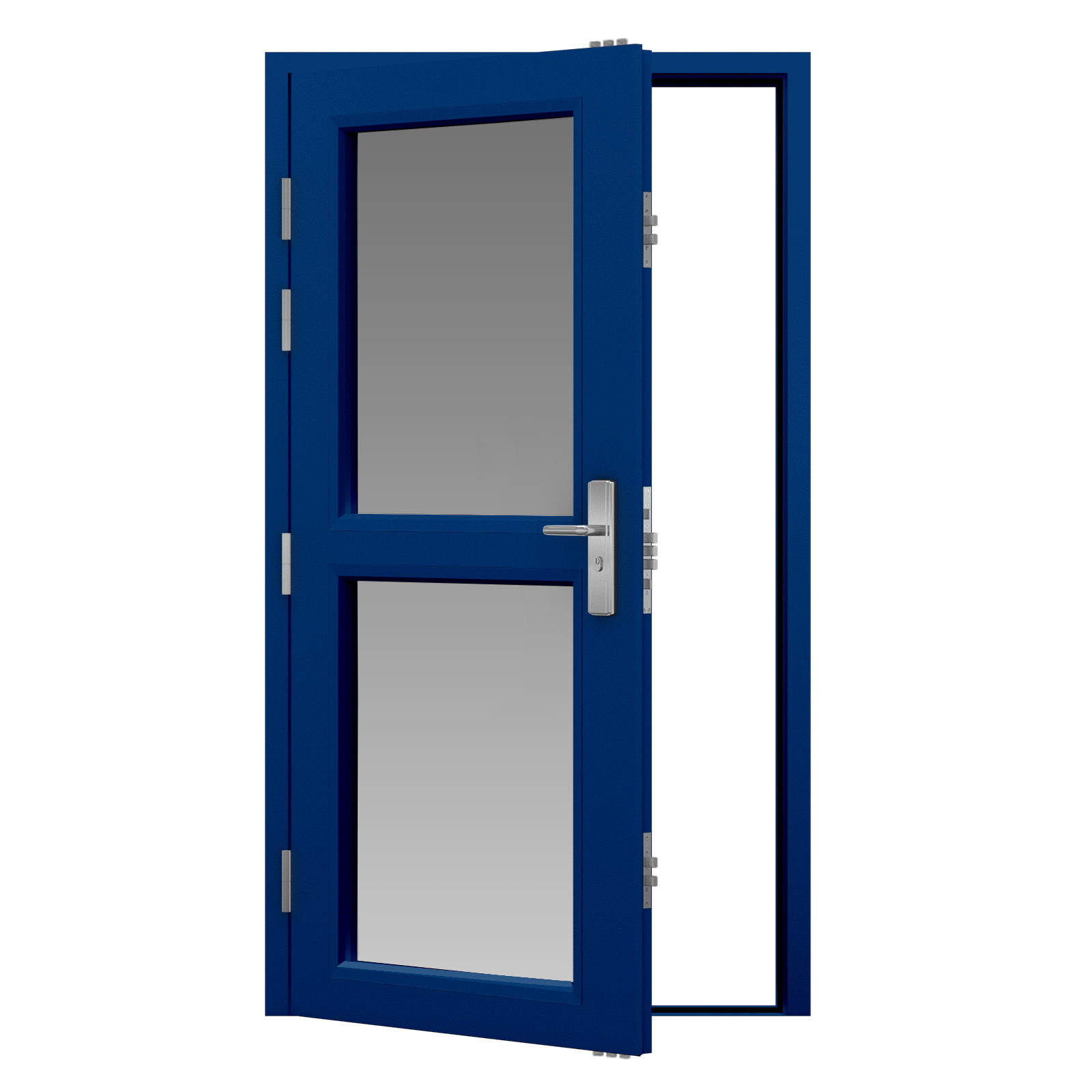 Traffic Blue Glazed Steel Door fitted with 2 Half Glass Panels